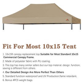 SCOCANOPY Commercial 10x15 Canopy Replacement Canopy Top,Canopy Cover ONLY,Bonus 4 Pack Weight Bag (Khaki)