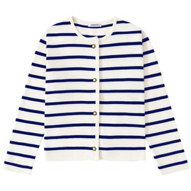 LATAHUO Women's Striped Cardigan Sweater Trendy Long Sleeve Button Down Crewneck Knit Cardigans(Navy+White, Medium)