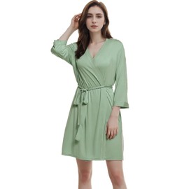 Joyaria Women's Lightweight Sauna Bathrobe Short Sauna Robe Kimono Robe House Coat Sleepwear Bamboo V-Neck 3/4 Sleeves S-XXL, Sage Green