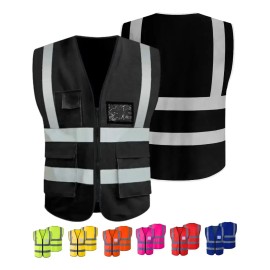Chaleco Seguridad Trabajo Industrial Brigadista Reflectante Tiras Unisex Bolsillos Multifuncionales Cierre Industria Alta Visibilidad 1pz Protección Negro