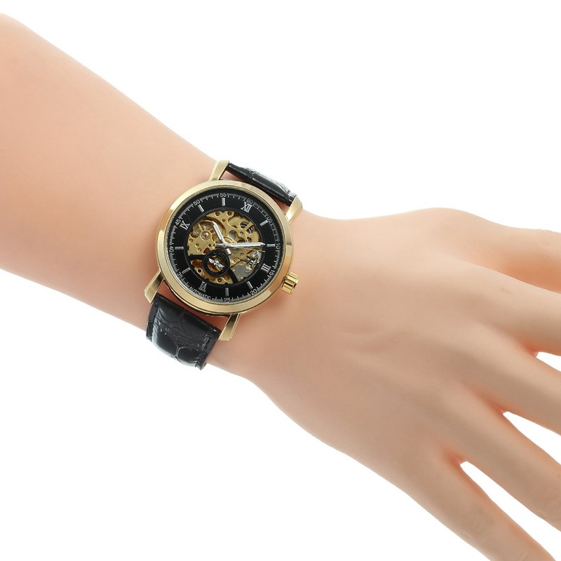 Winner Calendar Hollow Automatic Mechanical Movement Causal Men Wristwatch(Black+Gold)