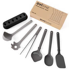 ovisine Sénart Kitchen Utensil Set | 6 Pieces with Stand | Heat Resistant | Kitchen Utensil Set | Kitchen Accessories | Cooking Cutlery Set | Cookware | Dishwasher Safe
