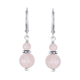 Gemstone Natural Pale Pink Rose Quartz Boho Bali Milgrain Edged Beaded Rondel Separator Double Ball Round Drop Dangle Earrings For Women Teen .925 Sterling Silver Lever back