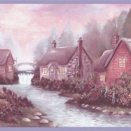 CONCORD WALLCOVERINGS ™ Wallpaper Border Country Pattern Homes Forest Nature River for Living Room Bedroom Dining Room, Pink Purple Grey Brown, 15 Feet by 7 Inches BP708135