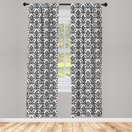 Lunarable Damask Window Curtain Panels 4 Pack, Antique Classic Curly Flowers Pattern Traditional Art Design Monochrome, Lightweight Set with Rod Pocket, 4 Panels of - 28"x95", White and Black
