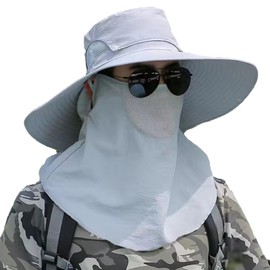 Outdoor Sun Hat,Summer UV Protection Wide Brim Sun Hat for Men and Women,Fishing Hats with Detachable Face Cover & Neck Flap (US, Alpha, One Size, Light Gray)