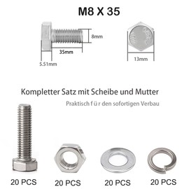 20 Pieces M8 x 35 Stainless Steel Hexagon Screws with Nuts and Washers Set, Hexagon Screws Machine Screws DIN 933, Hexagonal Screw with Pure Thread (20 Pieces M8 x 35)