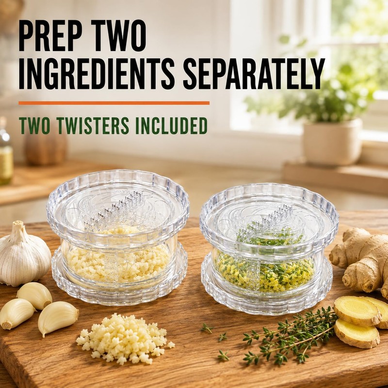 Garlic Chopper 2 Pack, Manual Garlic Twister & Mincer, Clear