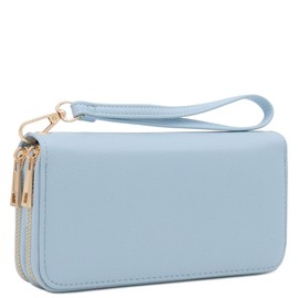 FashionPuzzle Double Zip Around PU Leather Wristlet Cell Phone Wallet (Light Blue)