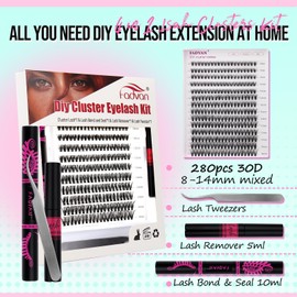 FADVAN DIY Lash Extension Kit 30D Volume Lash Clusters D-Curl Individual Lashes Clusters Kit 280 pcs Wispy Lash Clusters Kit With Lash Bond and Seal,Remover, Tweezers(30D, 0.07D, 8-14mm)