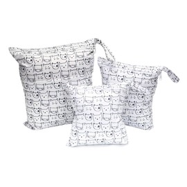 Pmnzdy Nappy Bag, Wet Bag, Cloth Nappies, Wet Bags, Reusable Wet Bag, Nappy Bag, Organiser Bags with Zip, Waterproof Wet Bag for Baby, Toddler, Pack of 3, Cats