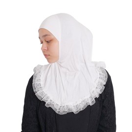MuLanLegend Princess Nur Lace Cotton Hijab Handmade | Girls Kids Instant Slip-on Scarf (White)