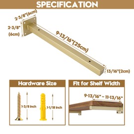 AddGrace 4 Pack Shelf Brackets Wall Mounted Gold Shelf Brackets Heavy Duty Metal Rustic Floating Shelf Bracket with Screws for DIY Open Shelving（Gold） 10"