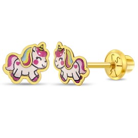 14k Yellow Gold Unicorn Screw Back Earrings for Young Girls & Preteen - Small Magical Multicolor Unicorn Stud Earrings for Little girls - Fun & Fashionable Unicorn Earrings for Kids