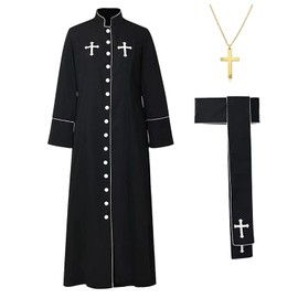 Helltaker Men's Priest Costume Pastor Robe Roman Cassock with Stand Collar Belt Necklace Uniform