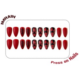 IMRAIN Thanksgiving Press on Nails Medium Almond Fake Nails Matte Red Black False Nails with Rose Designs Full Cover Artificial Acrylic Stiletto Nails for Women 24Pcs Stick on Nails