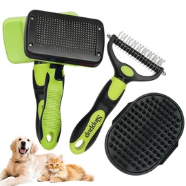 Histotree Green Pet Grooming Kit 3Pcs Self-Cleaning Slicker Brush for Dogs&Cats Double-Sided Dematting&Deshedding Comb Dog Bath Massage Brush Professional Grooming Tools for Short&Long Hair Pets