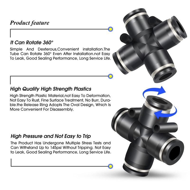 TAILONZ PNEUMATIC 4 Way 1/4 Inch OD Straight Push Fittings