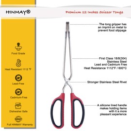 HINMAY Stainless Steel Scissor Tongs with Comfort-Grip Handle 12-Inch, Set of 2