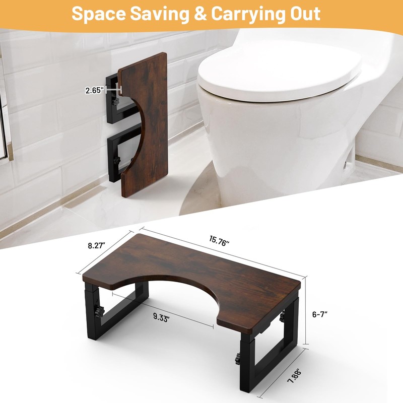 Foldable Toilet Stool, 6" and 7" Wood Poop Stool for