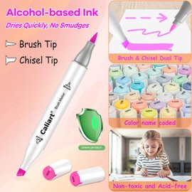 Caliart 61 Colors Pastel Alcohol Markers Brush Tip & Chisel, Dual Tip Art Markers Set for Adults Coloring Book, Permanent Colored Pens Artists Sketch Illustration Drawing Supplies Gift