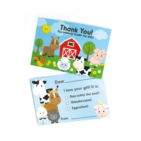 TINYMILLS Farm Animals Birthday Fill In The Blanks Thank You Cards with Envelopes Set (Pack of 25) Premium Double Sided Cardstock Notes Birthday Thank You Cards