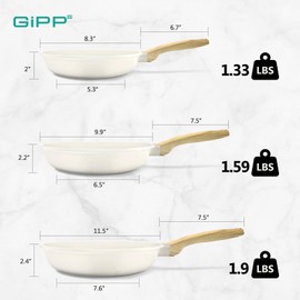 GiPP Non Stick Frying Pan Set - 8" 9.5" 11" Granite Nonstick Pan Skillet, Non Toxic Pans for Cooking, Omelette Pan with Stay Cool Handle, Induction Compatible, PFAS/PTFE/PFOA Free, White