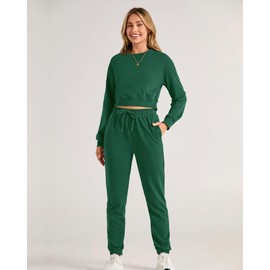 BTFBM Women 2 Piece Outfits Long Sleeve Crop Top Pullover Drawstring Pant Jogger Set Casual Sweatsuits Tracksuit Pockets(Solid Dark Green, X-Large)