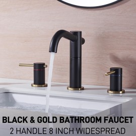 HOMYEP Black and Gold Bathroom Faucet 8 Inch Widespread with Strong-Core Swivel Spout 3 Hole 2-Handle Brass Lavatory Vanity Sink Faucet with Metal Overflow Drain, Matte Black and Brushed Gold