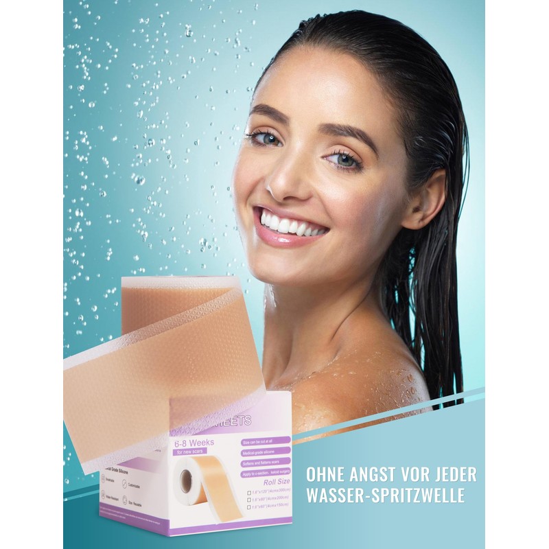 Silikon Narbenpflaster(4cm x 300cm), Wiederverwendbar Silikonpflaster für C-Section-Narben, Operationsnarben, Verbrennungsnarben