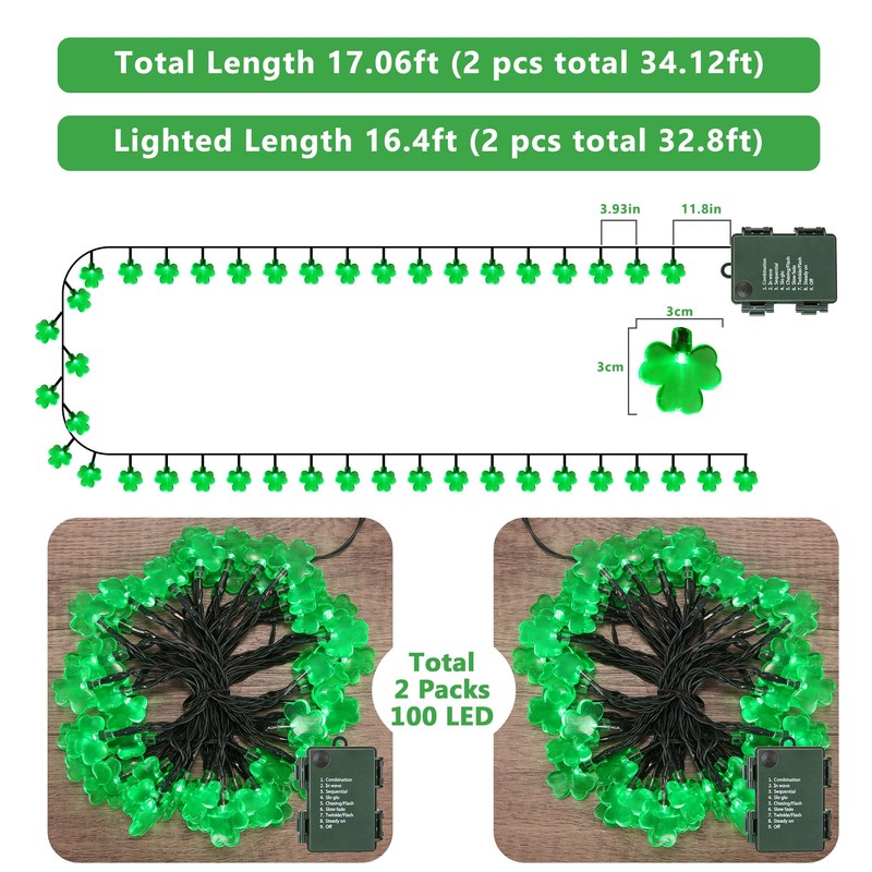 ODEETRONIC 2 Sets Shamrock String Lights, Total 32.8ft 100 LED