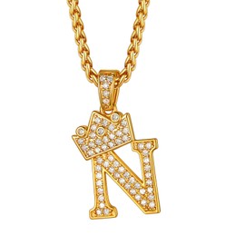 Crown Pendant Necklace for Women Men Iced Out Initial Letter N Pendant with Chain 22' Hip Hop Hippie Alphabet Fashion Jewelry Gift