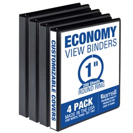 Samsill Economy 1 Inch 3 Ring Binder, Made in The USA, Round Ring Binder, Customizable Clear View Cover, Black, 4 Pack (MPX48530)