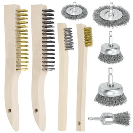 Swpeet Wire 9 Pieces Wire Scratch Brush Kit, Including 5 Pieces Wire Wheel Cup Brush, 3 Pieces Brass/Stainless Steel/Carbon Steel Wire Brush and 1 Piece Copper Wire Brush for Rust, Colour Scouring