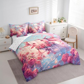 Feelyou Kids Cute Axolotl Comforter Set with Sheets Twin Size, Ocean Sealife 7 Pieces Bedding Set Boys Girls Kawaii Bed in A Bag Cartoon Rose Teens Bed Set Bedroom Decor 7Pcs