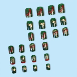 IMSOHOT Short Press on Nails Square Fake Nails Full Cover Green False Nails with Red Flower Designs Glossy Glue on Nails Acrylic Artificial Squoval Nails for Women Girls 24PCS