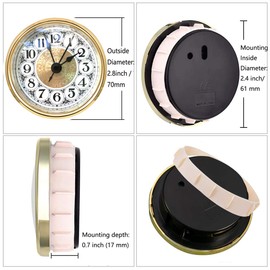 HILLHOME Mini Quartz Clock Insert 2.8 Inch (70 mm) Round Quartz Movement Miniature Clock White Dial Gold Trim Arabic Numerals, Fit 2.4 Inch (61 mm) Diameter Hole