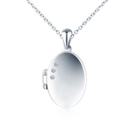 INFINIONLY Women's Girls Locket Necklace 925 Silver Chains Oval Pendant with Cubic Zirconia Creative Photo Necklaces for Opening Souvenir Lockets, Silver, Cubic Zirconia