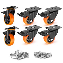 5 Inch Caster Wheels with Safety Brake 4000Lbs, Heavy Duty Casters Set of 6, Industrial Swivel Casters with Double Ball Bearings, Polyurethane No Noise Wheels for Cart,Furniture