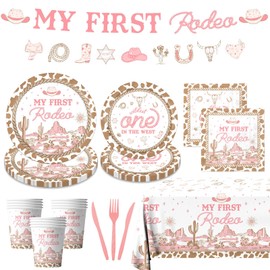 Western Cowgirl Birthday Party Decorations,142pcs My First Rodeo Theme Tableware Including Plate,Napkin, Tablecloth,Cutlery,Cup,and Baby Shower Decor for Wild West Cowgirl Celebrations