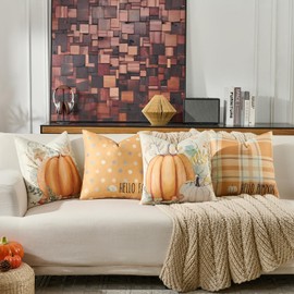 Volcanics Fall Pumpkin Throw Pillow Covers 20x20 Set of 4, Autumn Thanksgiving Decor with Orange Eucalyptus, Hello Fall Cushion Cases for Couch Sofa