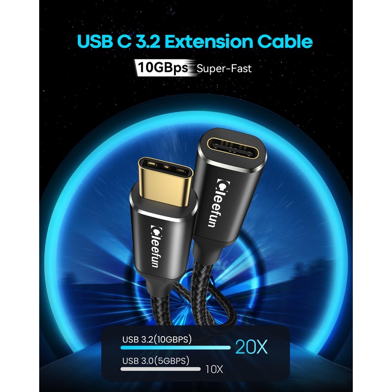 CLEEFUN USB-C Extension Cable 1ft 2-Pack, USB-C Male to Female,