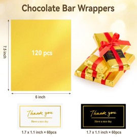 CLUEWR 120 PCS Chocolate Bar Wrappers, 6 x 7.5 Inch Gold Chocolate Wrapping Paper with Thick Paper Backing and Stickers Candy Wrappers for Homemade Candy, Caramel, Gift
