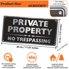 2 Pack Private Property Signs Metal 5.9x11.8 Inches, Brushed Silver Private Property No Trespassing Sign, Durable Aluminum, UV Resistant, Waterproof, Anti-rust, With 4 Drilling