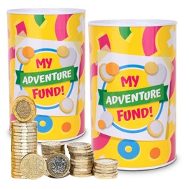 SOL 2pk My Adventure Fund Money Box, 8cm x 12.7cm Break-to-Open Tin, Unopenable Piggy Bank for Adults and Kids, Large Capacity, Colourful, Ideal for Gifting and Achieving Saving Goals