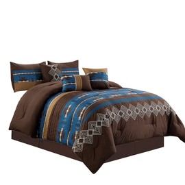 WPM 7 Piece Western Southwestern Native American Design King Size Comforter Set Navy Coffee Brown Bed in a Bag Navajo Bedding - Makala (Navy Blue, King)