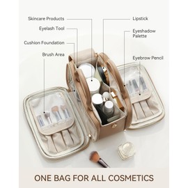 Prite Makeup Bag for Women, Large Capacity Waterproof Travel Cosmetic Organizer, Portable Open Flat Toiletry Bag with Free-standing Brush Holder and Handle(Beige Brown Large)