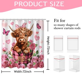Mocsicka Valentines Shower Curtain, Cute Funny Highland Cow Pink Floral Heart Shower Curtain for Valentine Day Bathroom Decor Waterproof Bath Curtain, 72 X 72inch