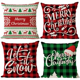 YeeJu Christmas Pillow Covers 20x20 Set of 4 Christmas Cushion Covers Winter Holiday Xmas Throw Pillow Covers Red Christmas Tree Deer Snowflake Pillow Cases for Outdoor Couch Sofa Decoration(20)