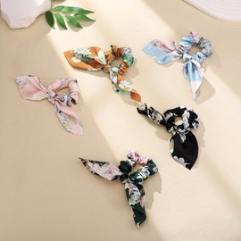 Jewemia Silk Satin Scrunchies for Women bow hair Scrunchies Rabbit Bunny Ear Hair ties Classic Floral Pattern Hair Bands Bowknot Hair Accessories for Women and Girls 5 pcs